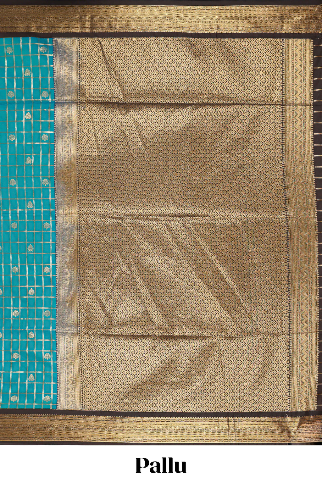 Teal blue checked art silk saree with contrast zari border and striped blouse