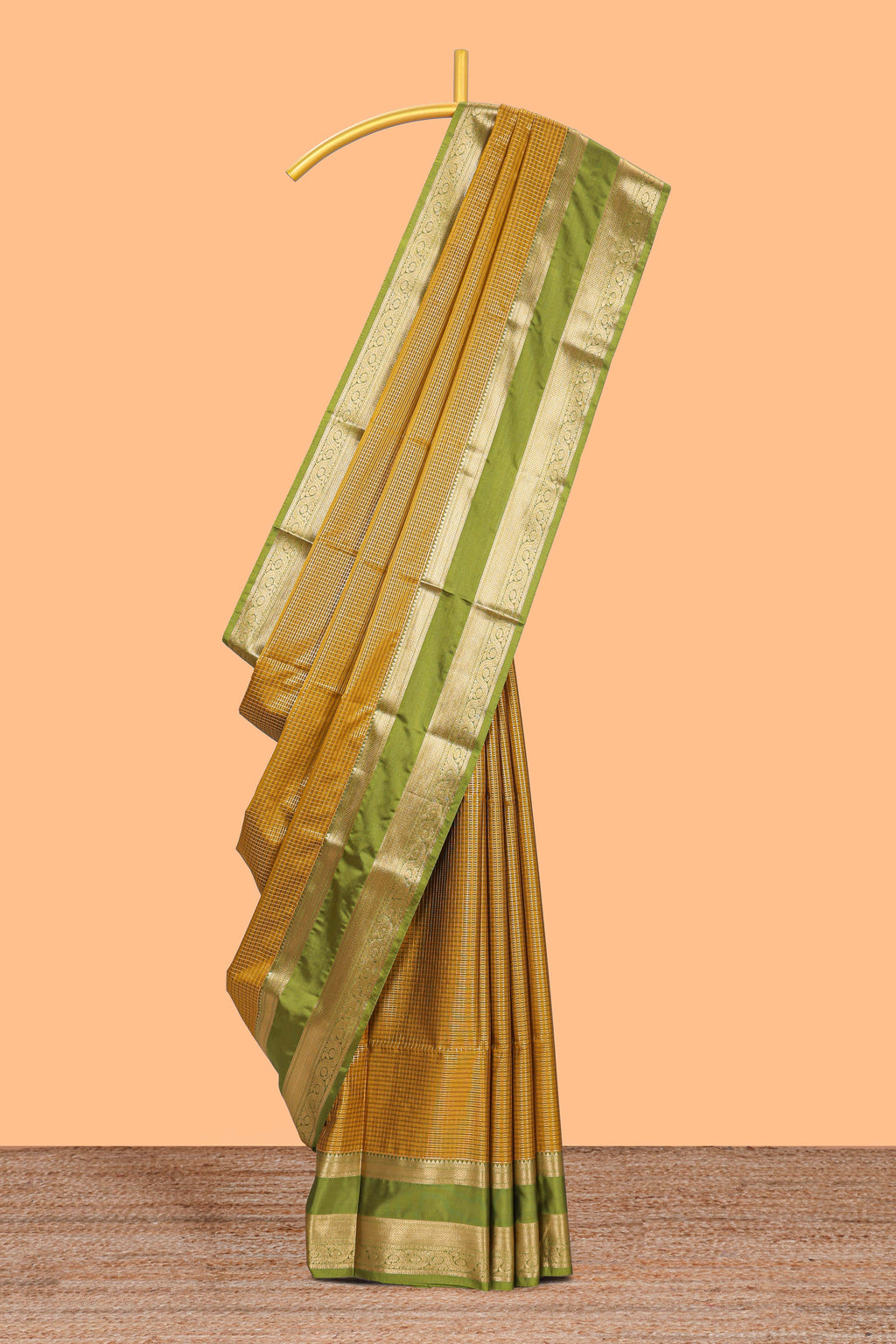 Mustard checked art silk saree with contrast zari border and blouse