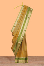 Mustard checked art silk saree with contrast zari border and blouse