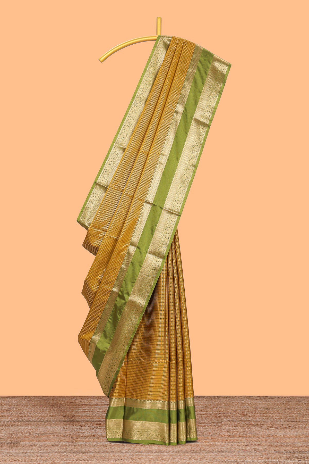 Mustard checked art silk saree with contrast zari border and blouse