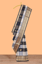 Black and white checked elephant motifs art silk saree with contrast self zari border and matching blouse