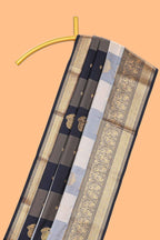 Black and white checked elephant motifs art silk saree with contrast self zari border and matching blouse