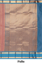 Peach checked zari motifs design art silk saree with contrast border and blouse