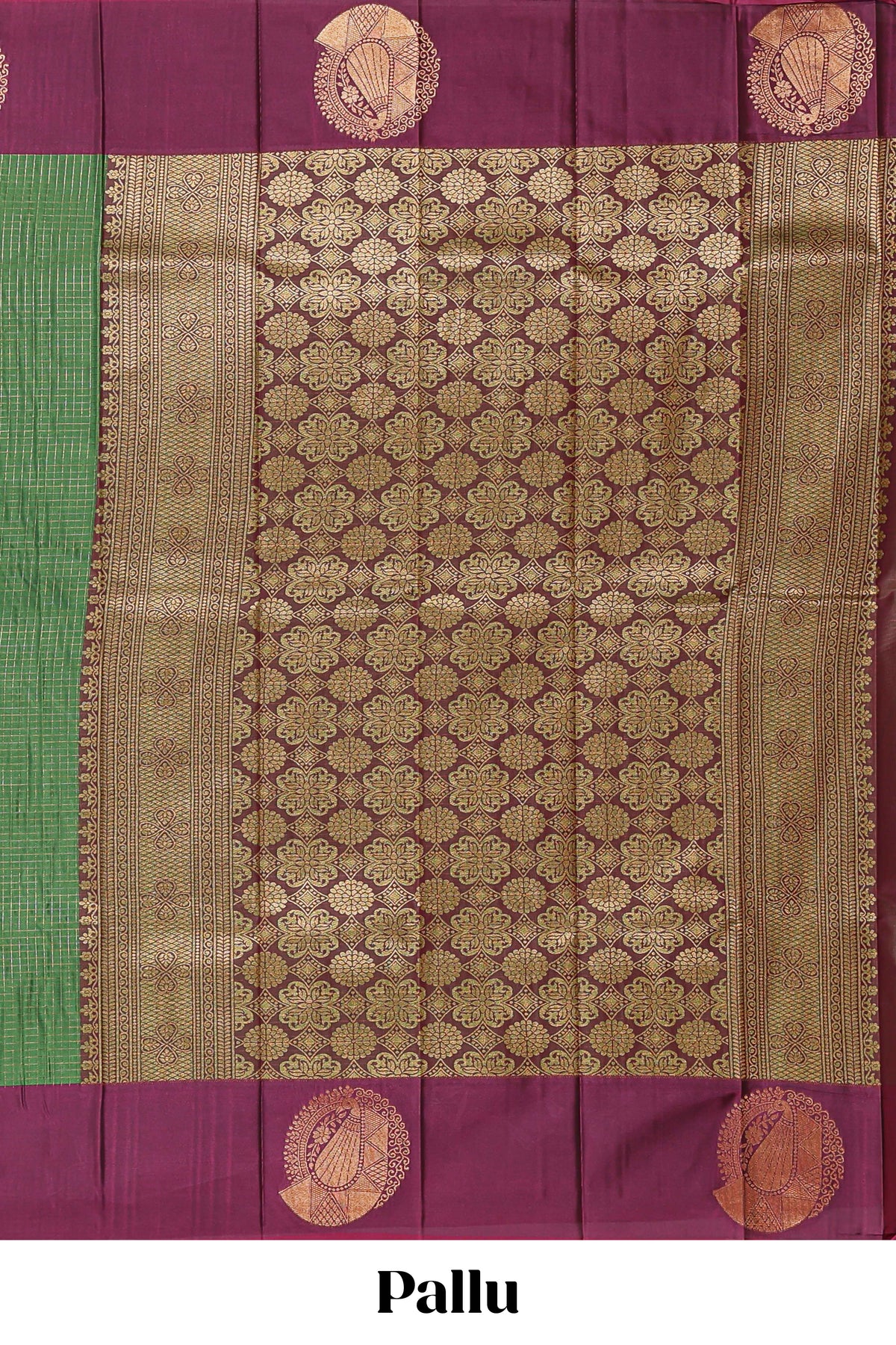 Green checked zari motifs design art silk saree with contrast border and blouse
