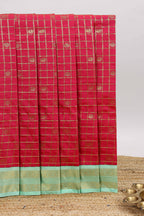 Red checked zari motifs design art silk saree with contrast border and blouse