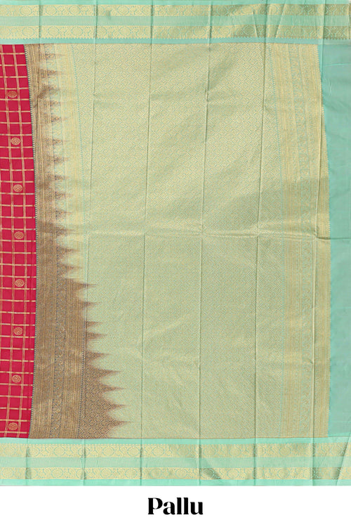Red checked zari motifs design art silk saree with contrast border and blouse