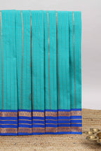 Blue checked zari striped motifs design art silk saree with contrast border and blouse