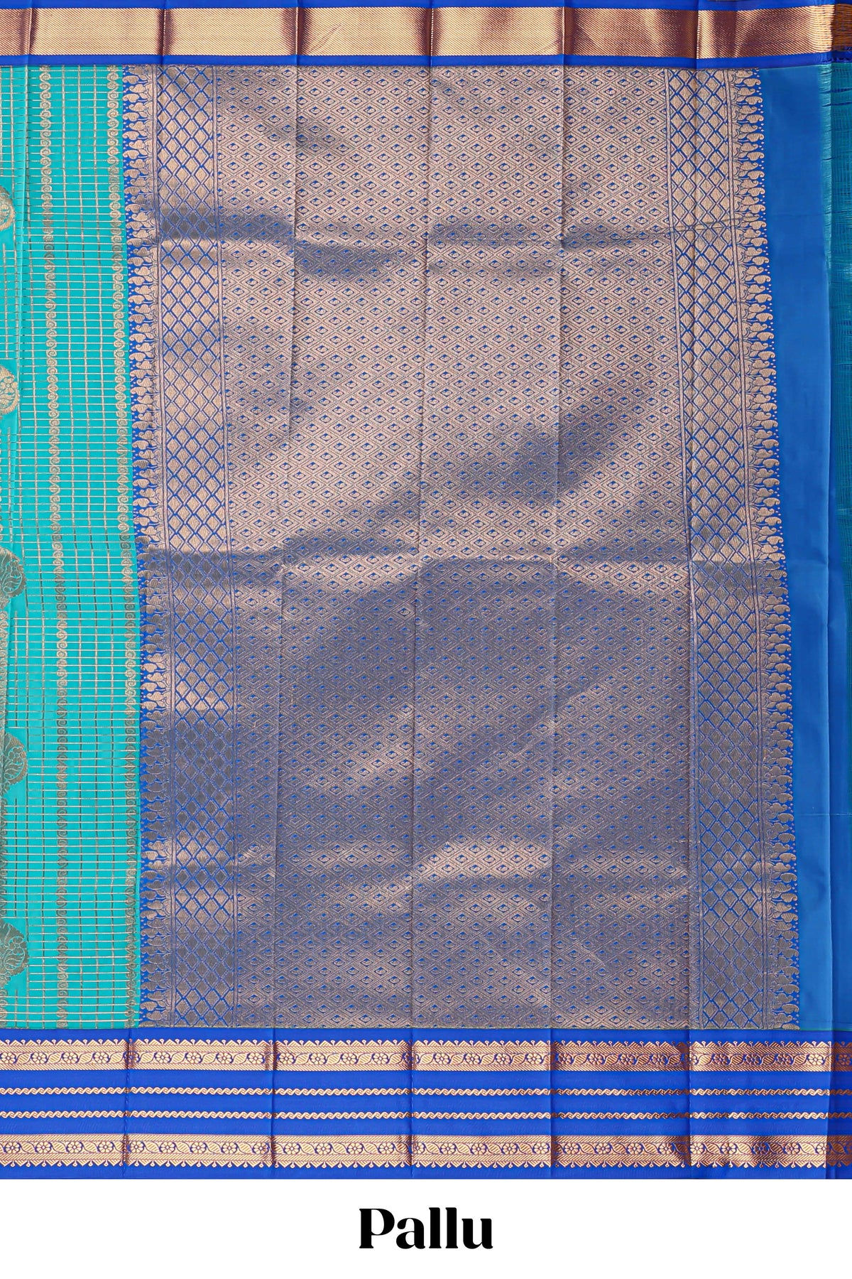 Blue checked zari striped motifs design art silk saree with contrast border and blouse