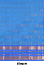Blue checked zari striped motifs design art silk saree with contrast border and blouse