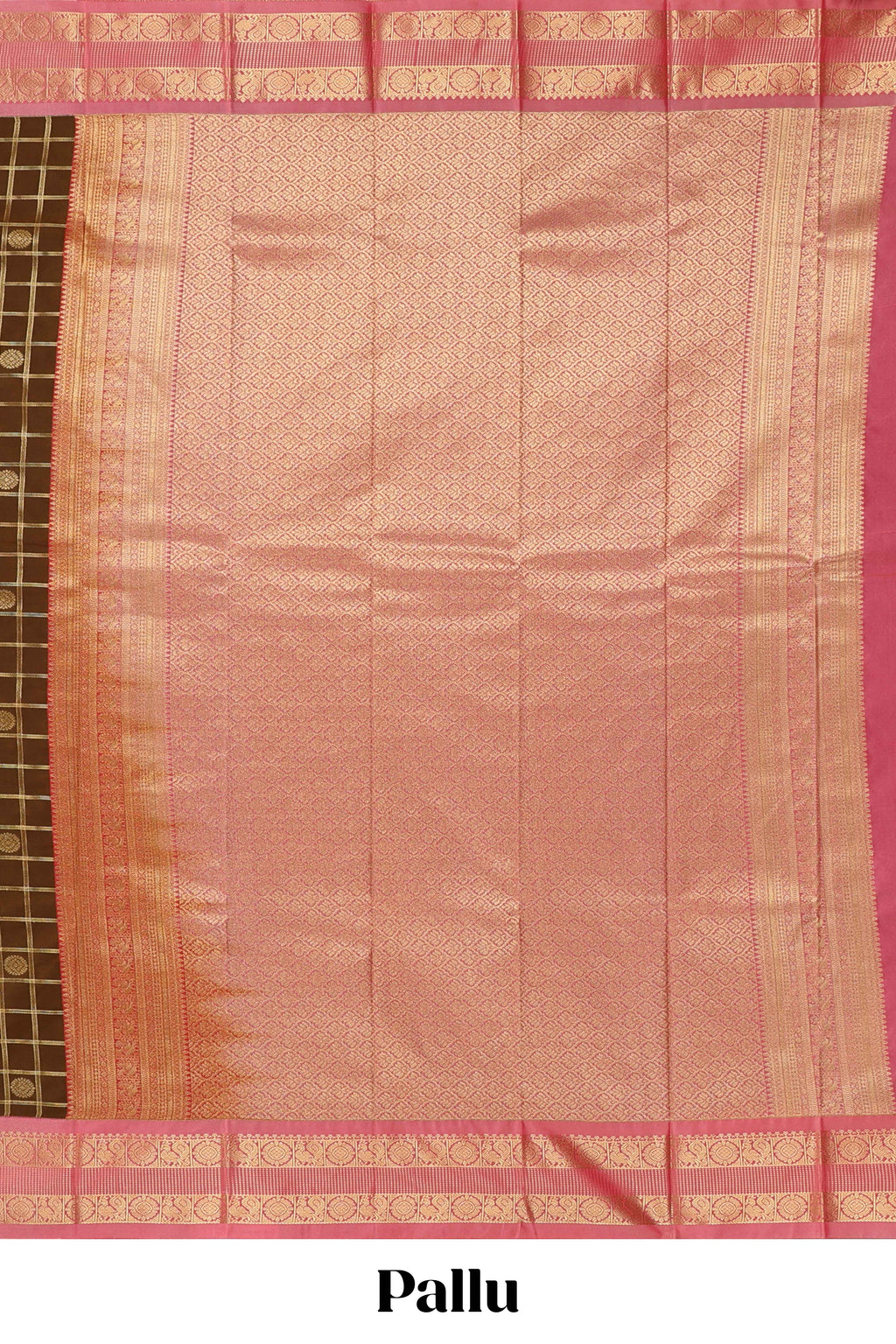 Brown checked zari motifs design art silk saree with contrast border and blouse