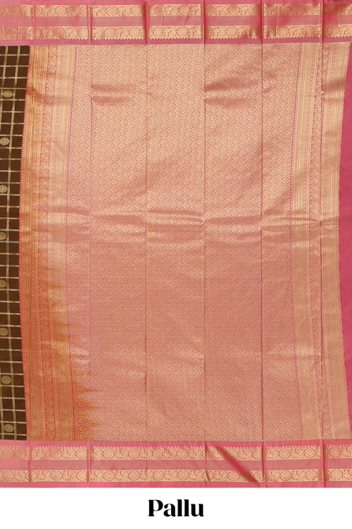 Brown checked zari motifs design art silk saree with contrast border and blouse
