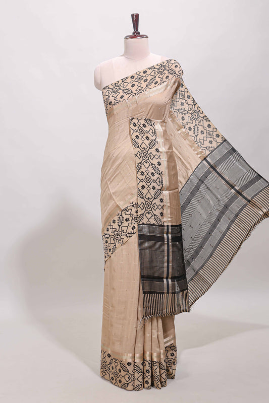 Sandal plain assam silk saree eith self ikkat style border and matching blouse