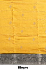 Mustard yellow Assam Silk saree floral and paisley motifs with a rich grey zari border and contrast pallu along with matching blouse