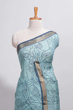 Elegant aqua blue Assam Silk saree abstract floral line motifs subtle woven details contrast pallu and rich zari border and contrast blouse