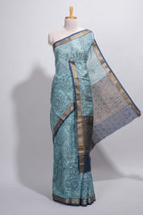 Elegant aqua blue Assam Silk saree with floral vine motifs detailed woven patterns contrastpallu and zari border alond with contrast blouse