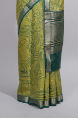 Parrot green Assam Silk saree abstract floral line motifs subtle woven details contrast pallu and rich zari border and contrast blouse