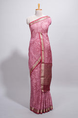 Elegant Pink Assam Silk saree with floral vine motifs detailed woven patterns contrastpallu and zari border alond with contrast blouse