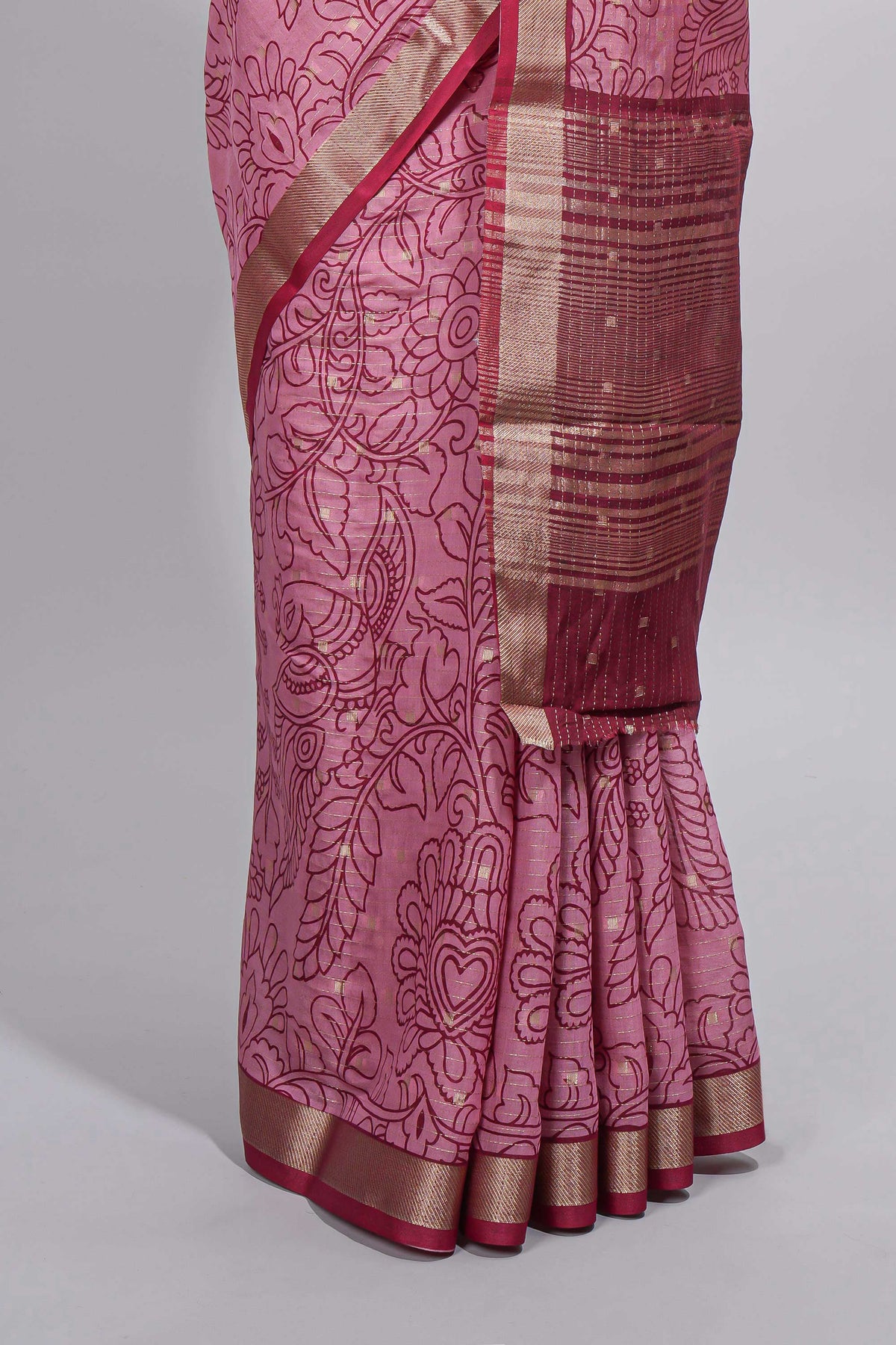 Elegant Pink Assam Silk saree with floral vine motifs detailed woven patterns contrast  pallu and zari border alond with contrast blouse