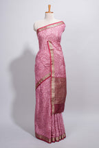 Pink green Assam Silk saree abstract floral line motifs subtle woven details contrast pallu and rich zari border and contrast blouse