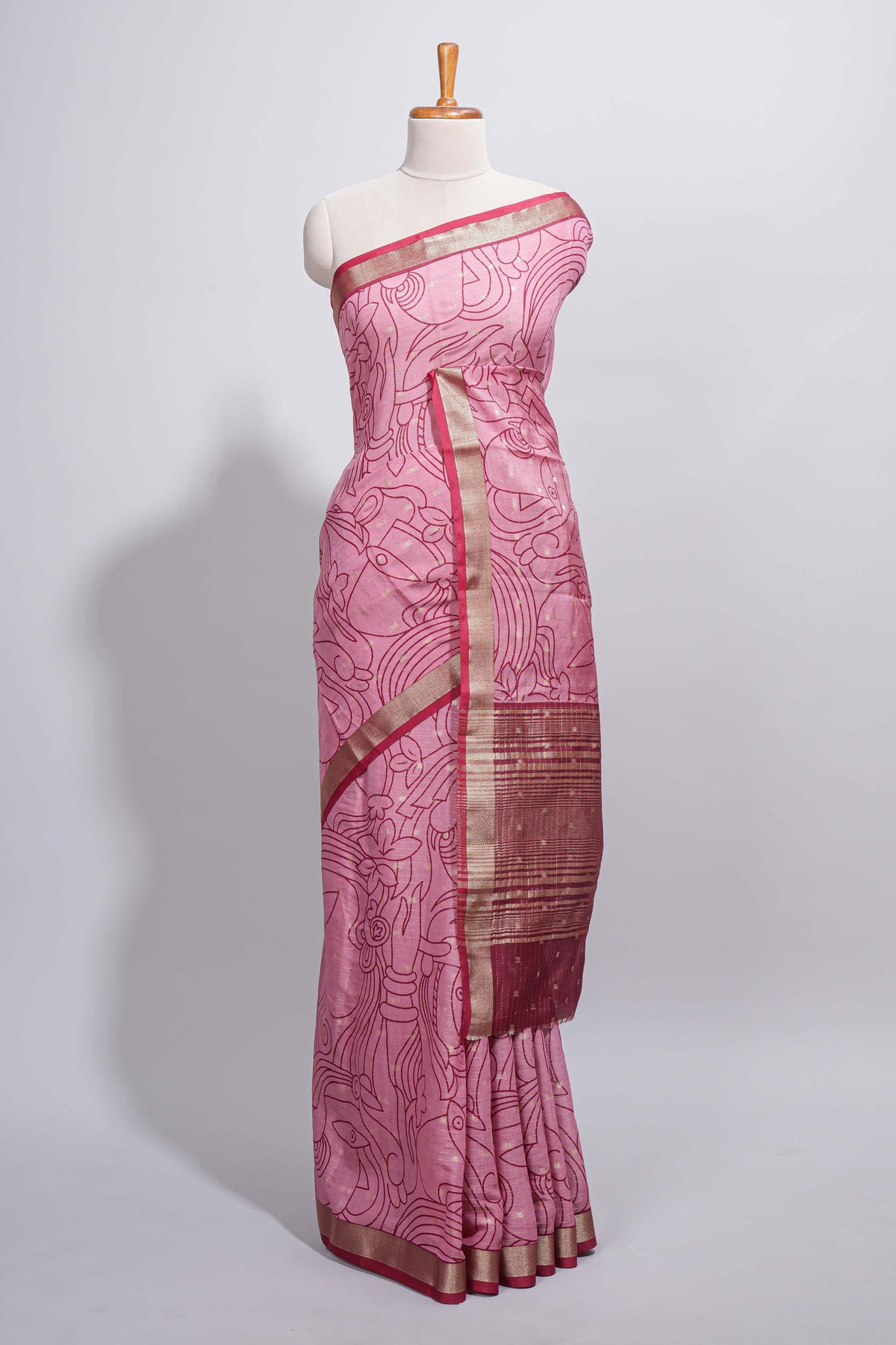 Pink green Assam Silk saree abstract floral line motifs subtle woven details contrast pallu and rich zari border and contrast blouse
