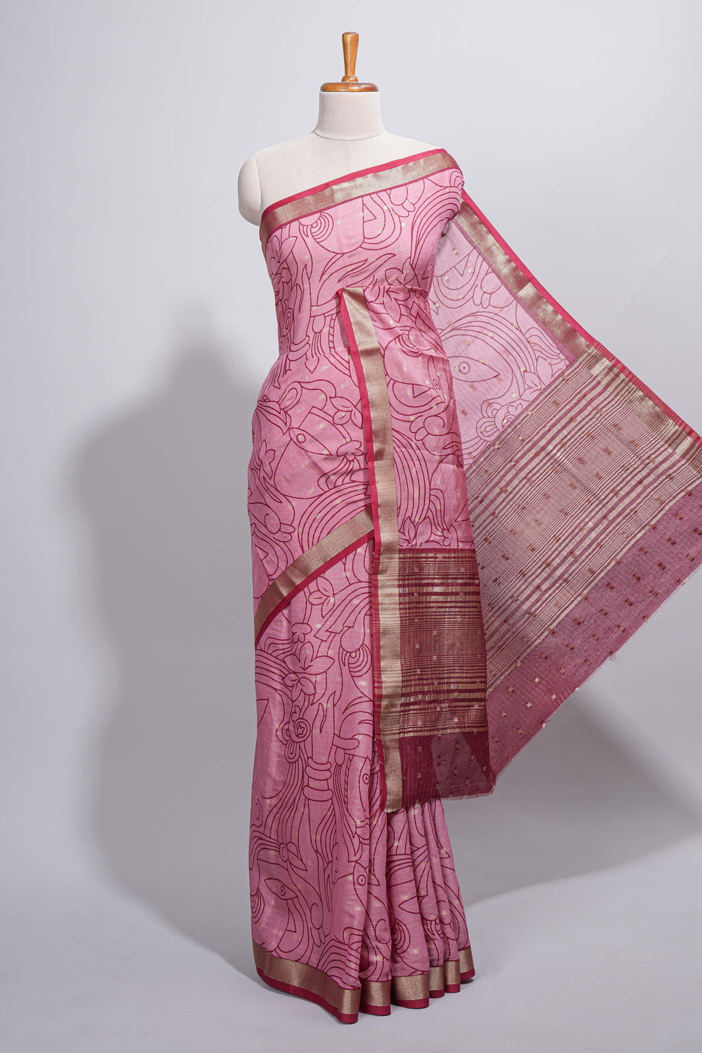 Pink green Assam Silk saree abstract floral line motifs subtle woven details contrast pallu and rich zari border and contrast blouse