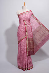Pink green Assam Silk saree abstract floral line motifs subtle woven details contrast pallu and rich zari border and contrast blouse