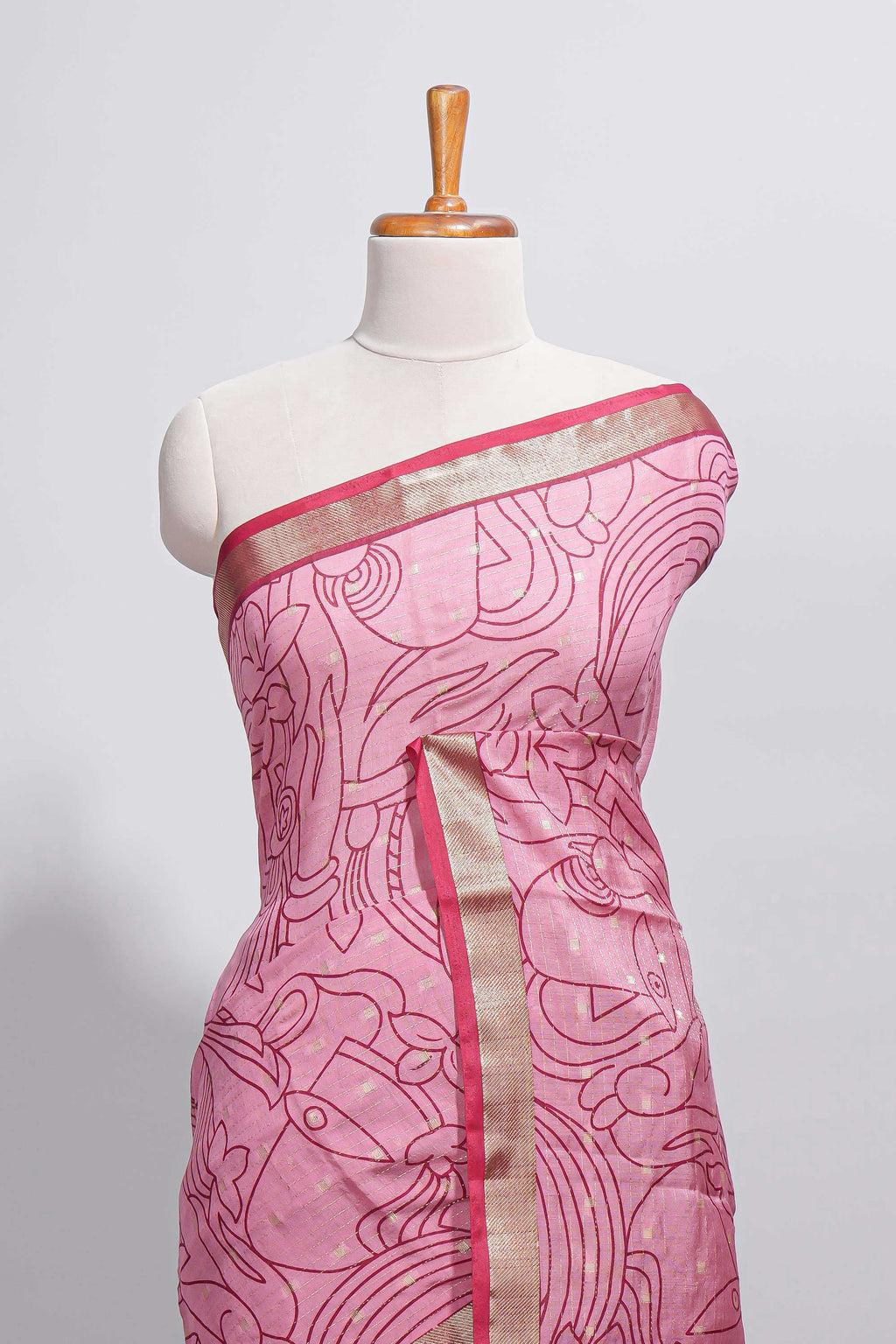 Pink green Assam Silk saree abstract floral line motifs subtle woven details contrast pallu and rich zari border and contrast blouse