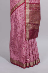 Pink green Assam Silk saree abstract floral line motifs subtle woven details contrast pallu and rich zari border and contrast blouse