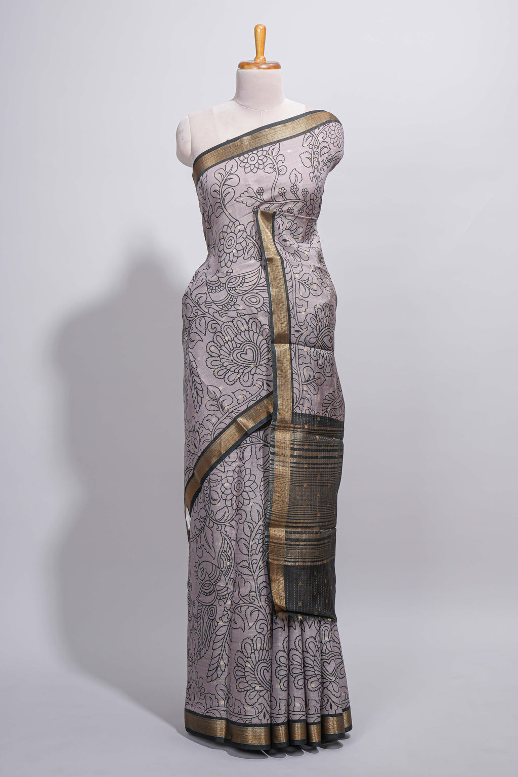 Elegant Grey Assam Silk saree with floral vine motifs detailed woven patterns contrast  pallu and zari border alond with contrast blouse