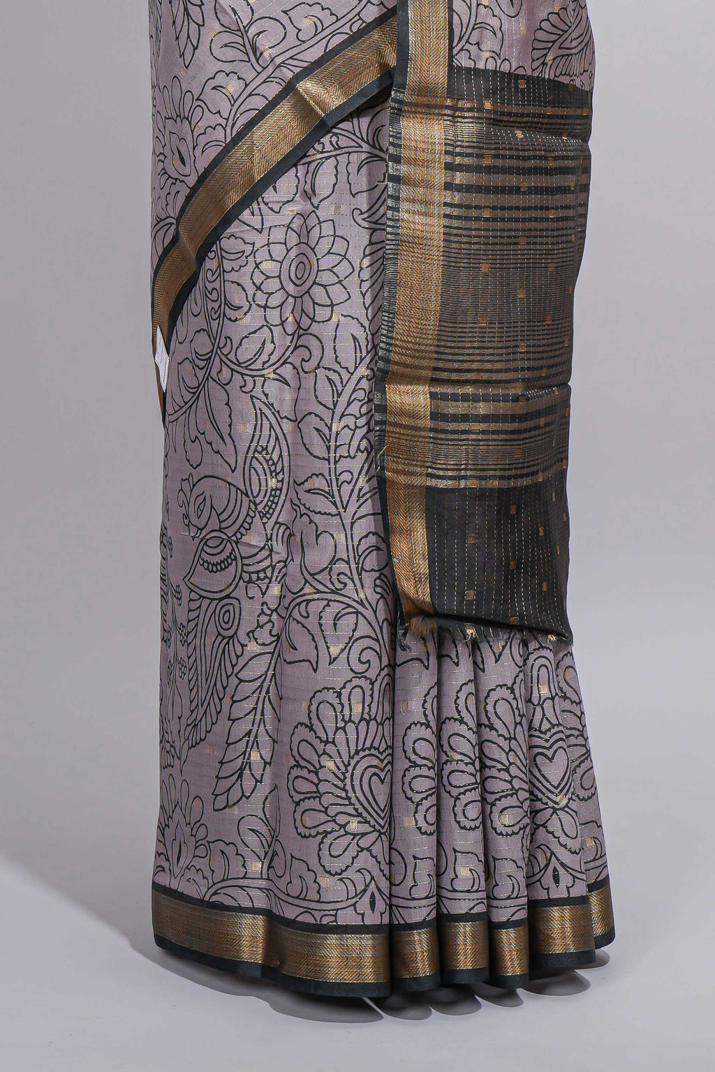 Elegant Grey Assam Silk saree with floral vine motifs detailed woven patterns contrast  pallu and zari border alond with contrast blouse