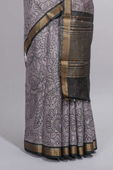 Elegant Grey Assam Silk saree with floral vine motifs detailed woven patterns contrastpallu and zari border alond with contrast blouse