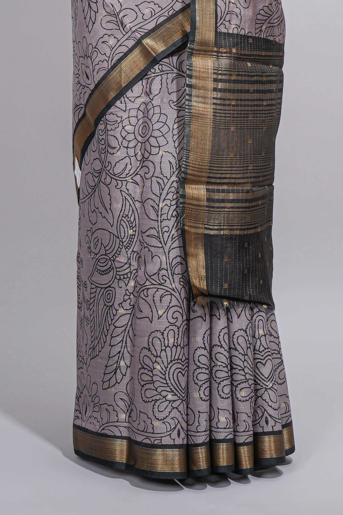 Elegant Grey Assam Silk saree with floral vine motifs detailed woven patterns contrast  pallu and zari border alond with contrast blouse