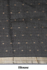 Elegant Grey Assam Silk saree with floral vine motifs detailed woven patterns contrastpallu and zari border alond with contrast blouse
