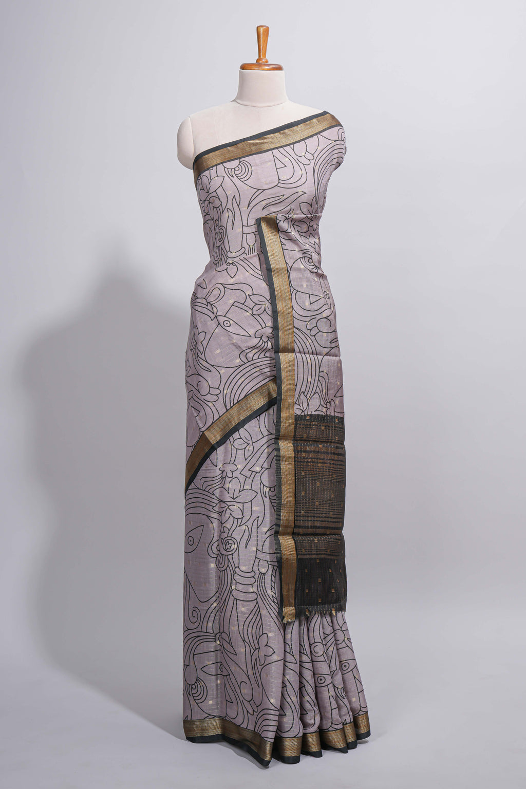 Grey Assam Silk saree abstract floral line motifs subtle woven details contrast pallu and rich zari border and contrast blouse