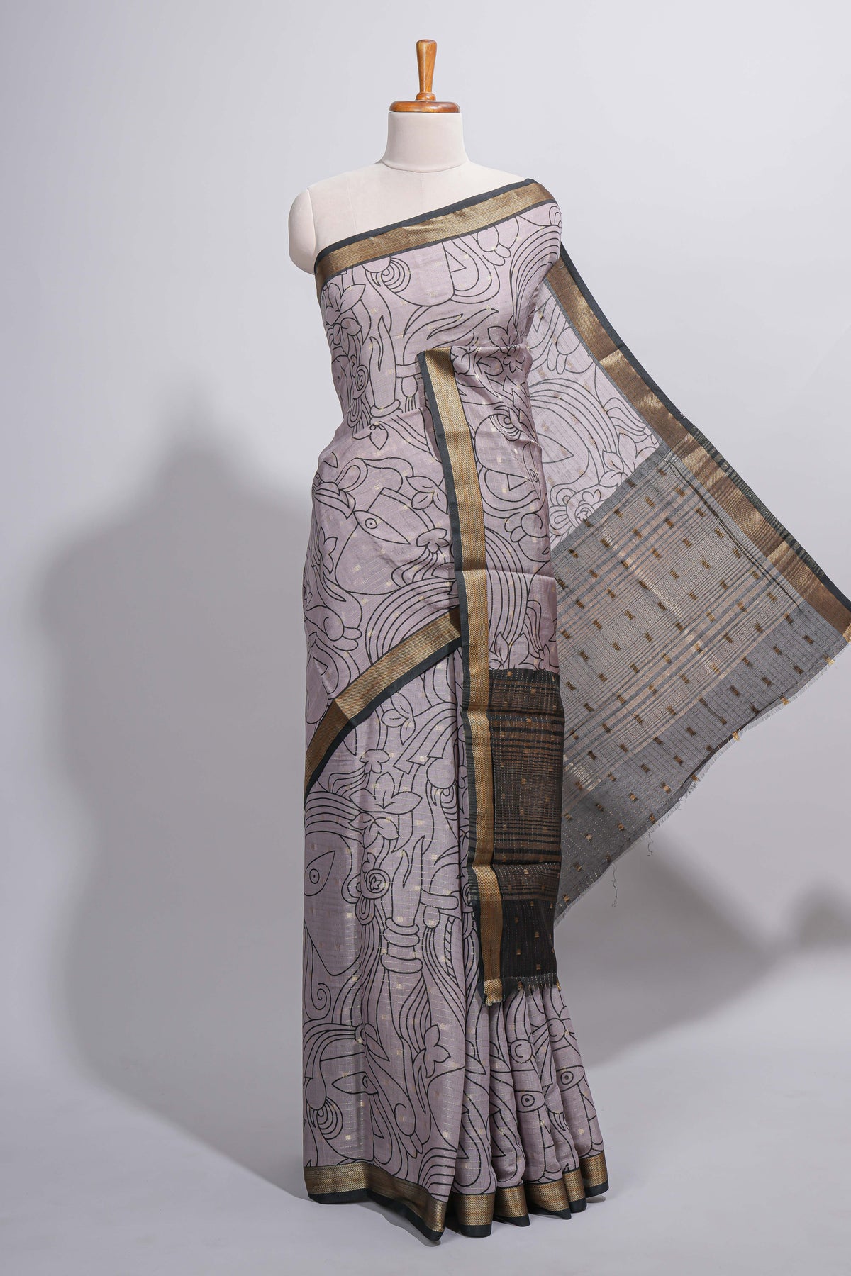 Grey Assam Silk saree abstract floral line motifs subtle woven details contrast pallu and rich zari border and contrast blouse