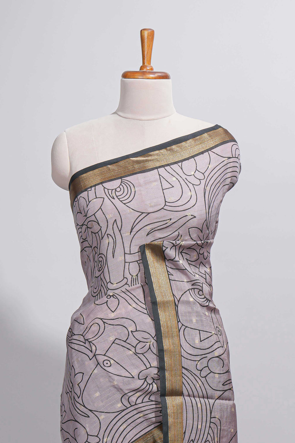 Grey Assam Silk saree abstract floral line motifs subtle woven details contrast pallu and rich zari border and contrast blouse