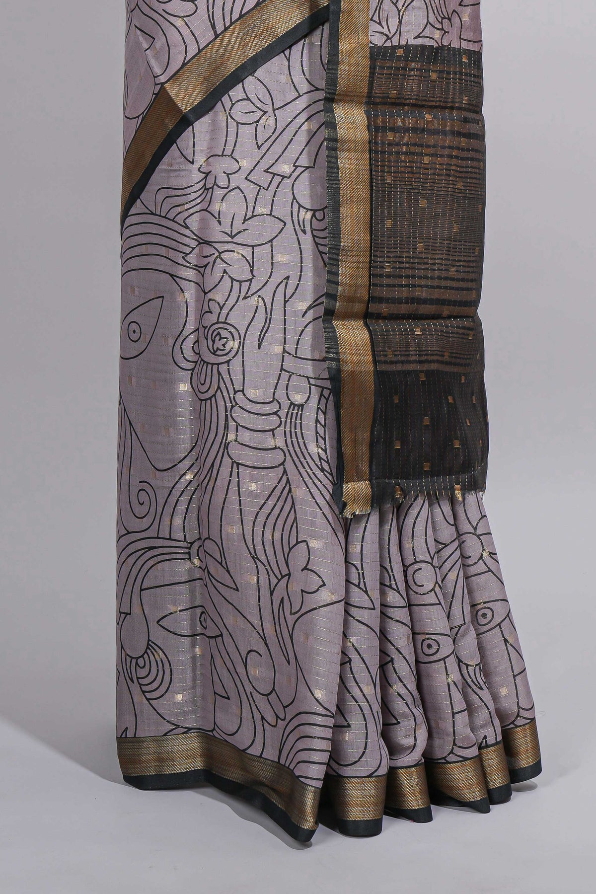Grey Assam Silk saree abstract floral line motifs subtle woven details contrast pallu and rich zari border and contrast blouse