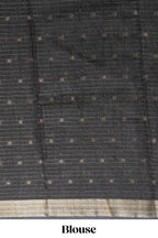Grey Assam Silk saree abstract floral line motifs subtle woven details contrast pallu and rich zari border and contrast blouse