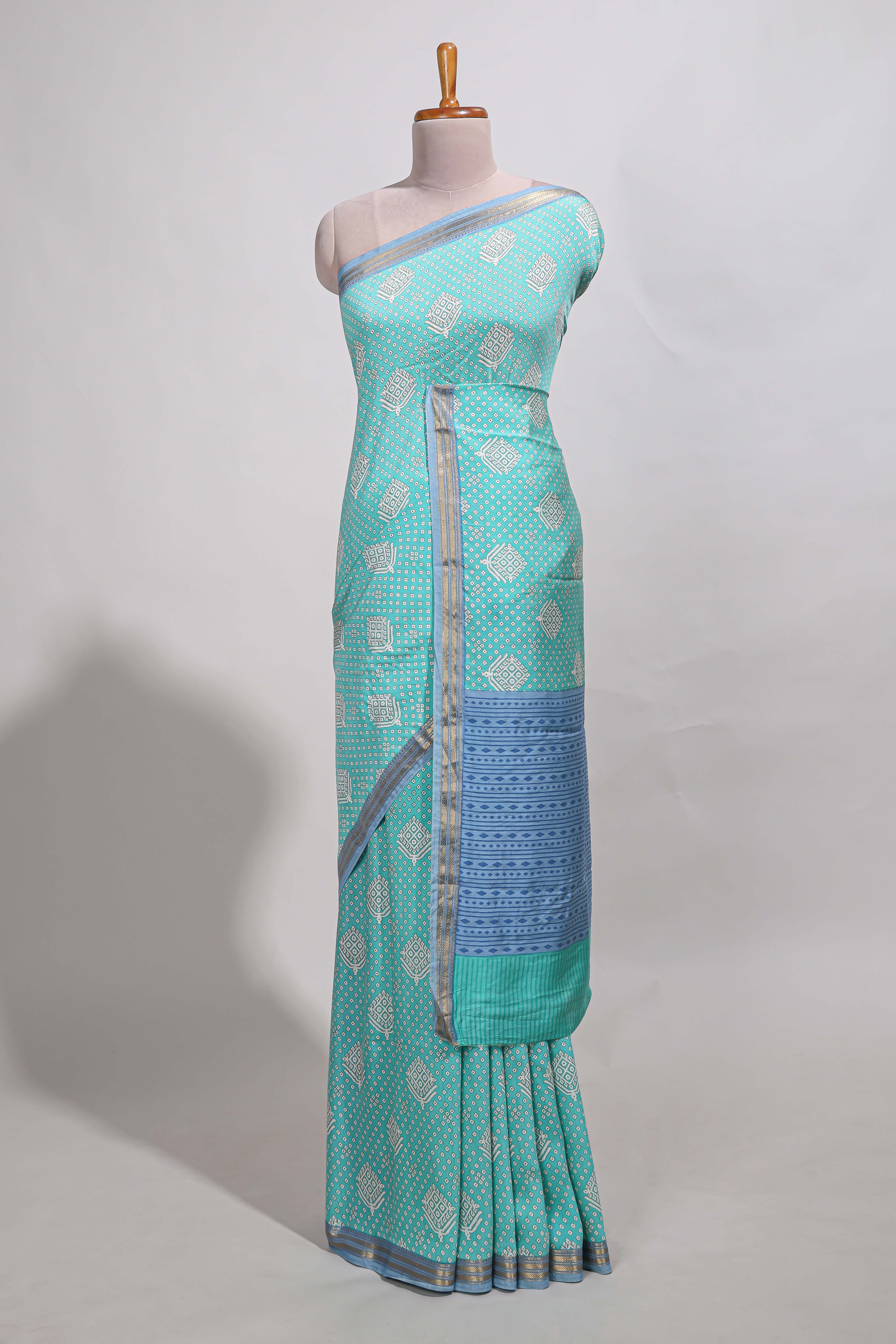 Light blue bandhaniassam silk saree withzari border and matching blouse