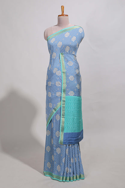 Blue bandhani  assam silk saree with  zari border and matching blouse