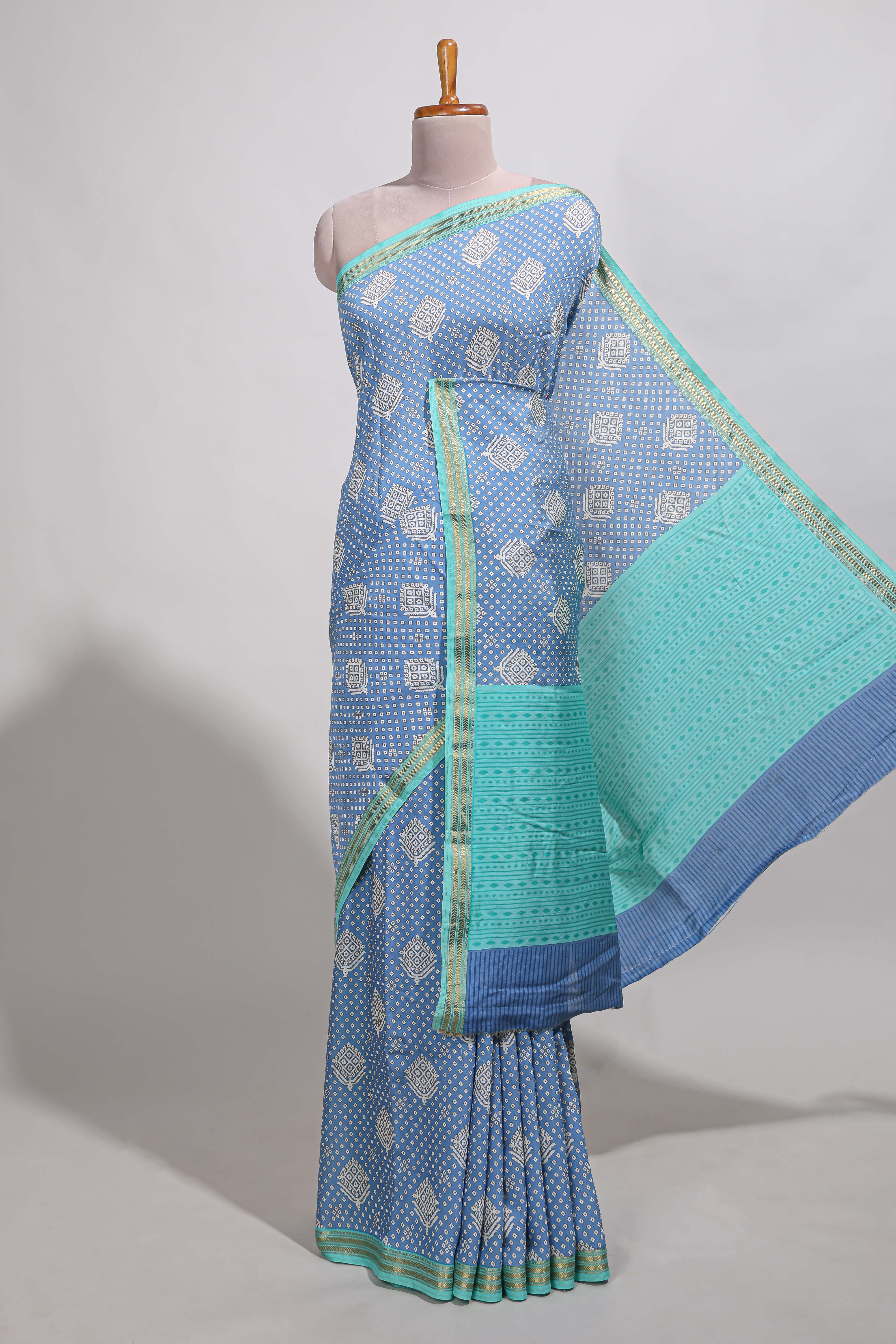Blue bandhaniassam silk saree withzari border and matching blouse