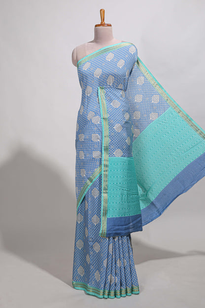 Blue bandhani  assam silk saree with  zari border and matching blouse
