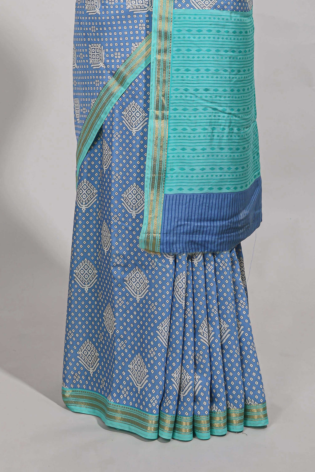 Blue bandhani  assam silk saree with  zari border and matching blouse