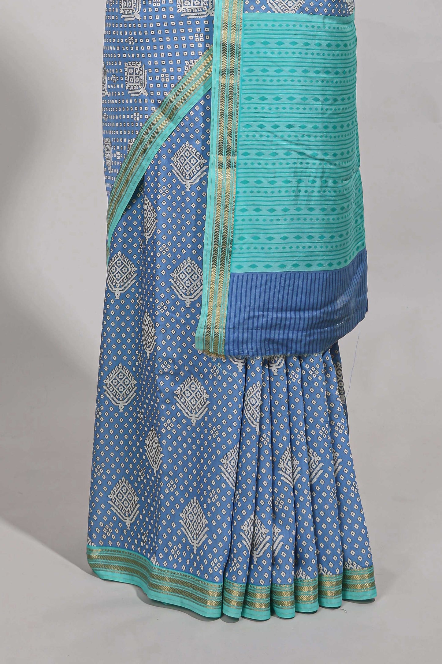 Blue bandhani  assam silk saree with  zari border and matching blouse