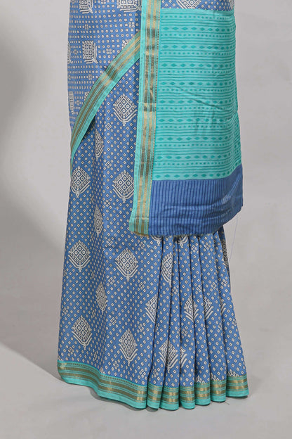 Blue bandhani  assam silk saree with  zari border and matching blouse