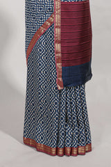 navy blue geometric printassam silk saree withzari border and matching blouse