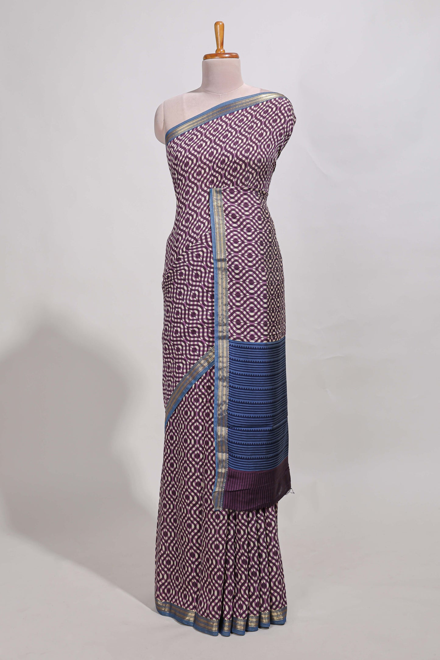 violet geometric print  assam silk saree with  zari border and matching blouse