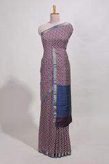 violet geometric printassam silk saree withzari border and matching blouse