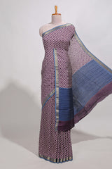 violet geometric printassam silk saree withzari border and matching blouse