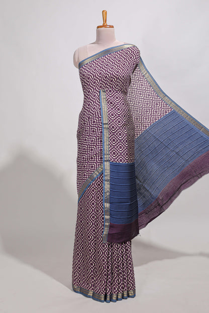 violet geometric print  assam silk saree with  zari border and matching blouse